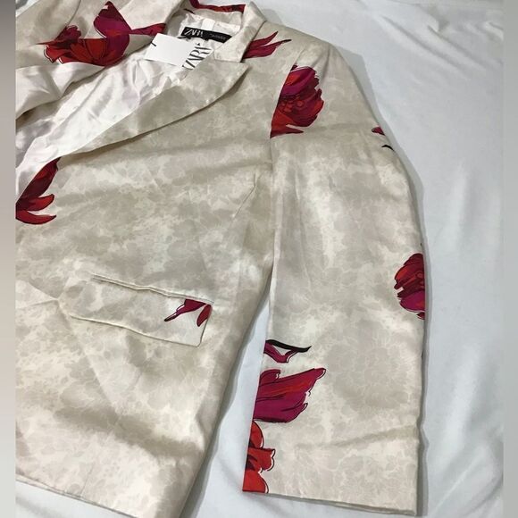 Zara Floral Print Satin Effect Open Blazer New Size Medium - Picture 7 of 16